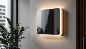 A photograph of a beautifully designed wall shield integrated into a stylish lighting installation
