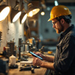 A photograph of a lighting contractor in action