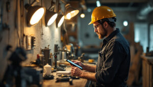 A photograph of a lighting contractor in action