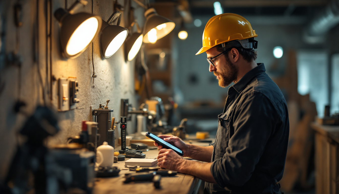 A photograph of a lighting contractor in action