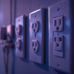 A photograph of a close-up of various types of electric outlets installed in a modern residential setting