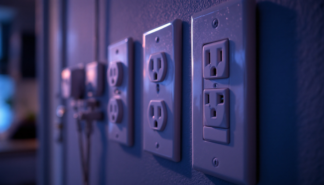 A photograph of a close-up of various types of electric outlets installed in a modern residential setting