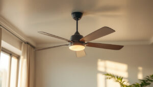A photograph of a beautifully designed room featuring a stylish fan ceiling light