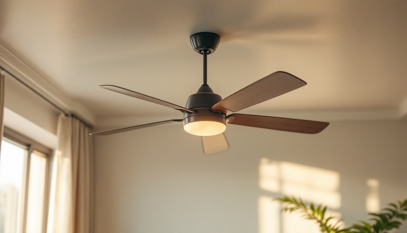 A photograph of a beautifully designed room featuring a stylish fan ceiling light