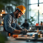 A photograph of a lighting contractor in action