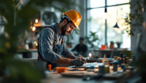 A photograph of a lighting contractor in action