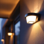A photograph of a beautifully illuminated solar exterior sconce installed on a stylish home facade at dusk