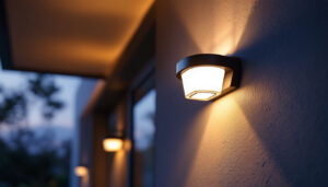 A photograph of a beautifully illuminated solar exterior sconce installed on a stylish home facade at dusk