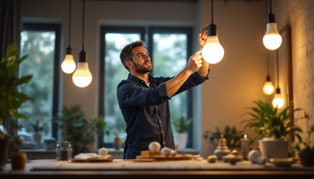 A photograph of a well-lit indoor space showcasing various indoor solar bulbs in use