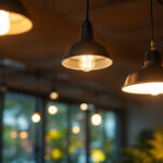 A photograph of a well-lit indoor or outdoor space showcasing both led and fluorescent lighting fixtures in use