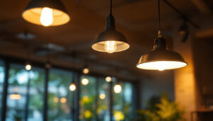 A photograph of a well-lit indoor or outdoor space showcasing both led and fluorescent lighting fixtures in use