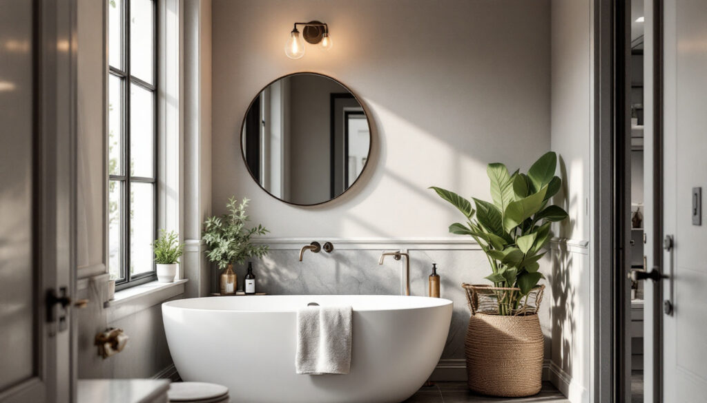 A photograph of a beautifully styled bathroom featuring a brushed nickel bath sconce