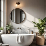 A photograph of a beautifully styled bathroom featuring a brushed nickel bath sconce