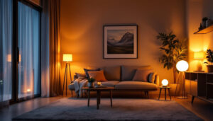 A photograph of a stylishly designed living space illuminated by various led lamps