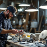 A photograph of a lighting contractor examining a variety of discontinued hunter fan parts alongside modern alternative lighting options