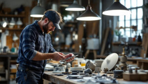 A photograph of a lighting contractor examining a variety of discontinued hunter fan parts alongside modern alternative lighting options