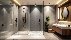 A photograph of a beautifully designed shower space featuring both 4-inch and 6-inch recessed lighting options