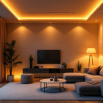 A photograph of a modern living space featuring stylish recessed lighting