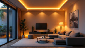 A photograph of a modern living space featuring stylish recessed lighting