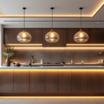 A photograph of a beautifully designed luxury kitchen featuring an elegant island illuminated by stylish pendant lights