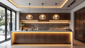 A photograph of a beautifully designed luxury kitchen featuring an elegant island illuminated by stylish pendant lights