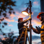 A photograph of a lighting contractor working on a lamp pole installation at dusk