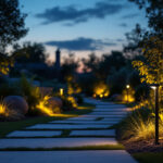 A photograph of a well-lit outdoor space at dusk featuring a motion-activated light in action