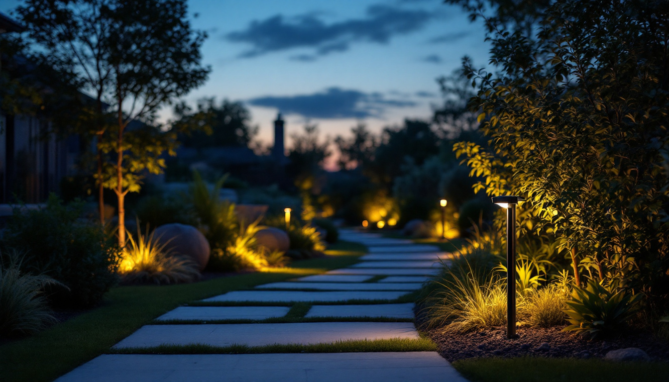 A photograph of a well-lit outdoor space at dusk featuring a motion-activated light in action