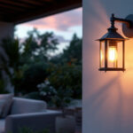 A photograph of a beautifully styled outdoor setting featuring an elegant wall lantern sconce illuminating a cozy seating area