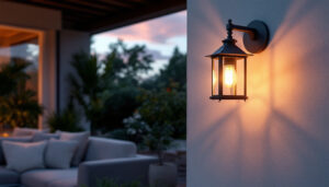 A photograph of a beautifully styled outdoor setting featuring an elegant wall lantern sconce illuminating a cozy seating area