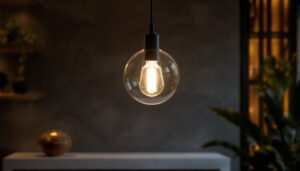 A photograph of a beautifully designed individual hanging light fixture in a stylish interior setting