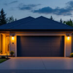 A photograph of a beautifully lit garage exterior at dusk