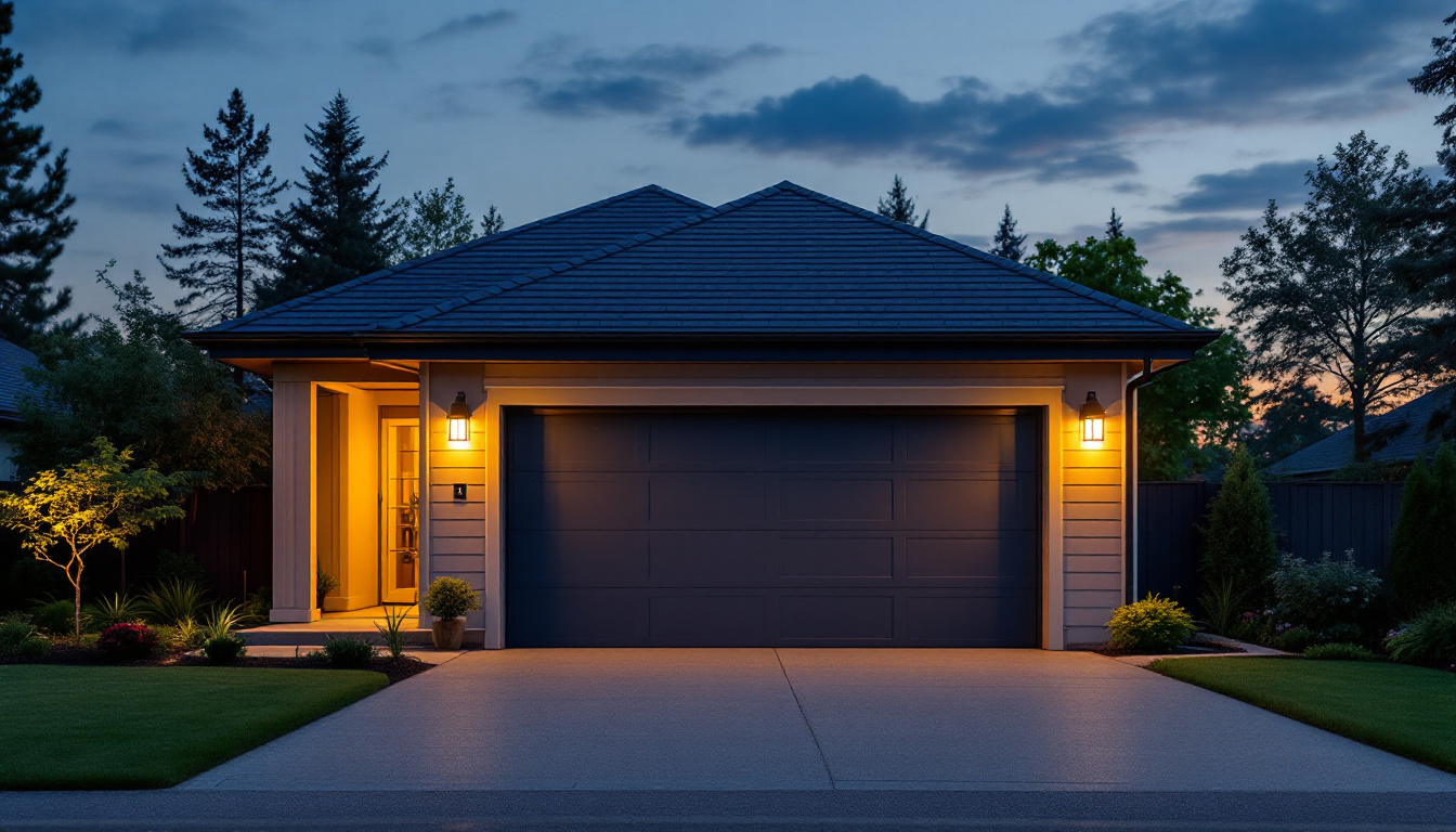 A photograph of a beautifully lit garage exterior at dusk