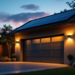 A photograph of a well-lit outdoor garage featuring modern solar lights in use at dusk
