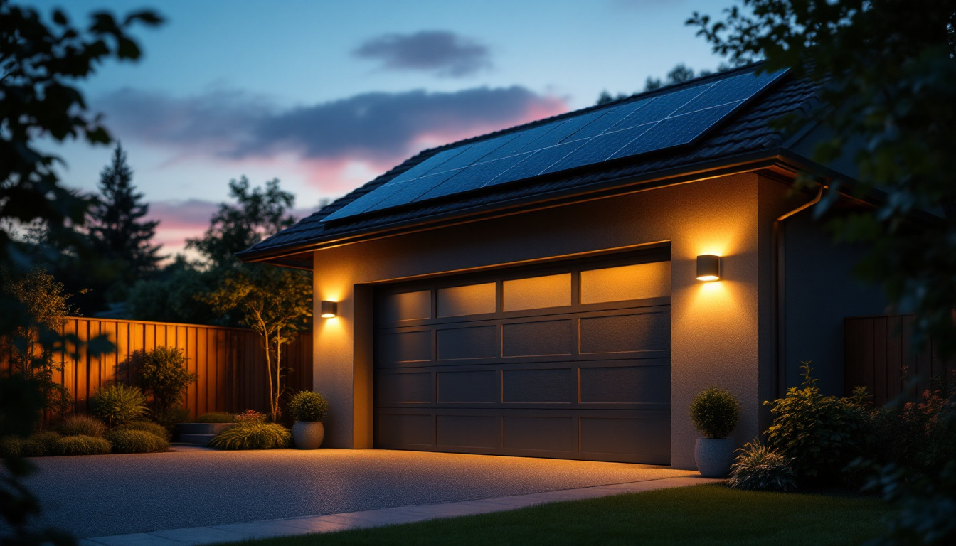 A photograph of a well-lit outdoor garage featuring modern solar lights in use at dusk