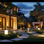 A photograph of a beautifully illuminated outdoor space featuring various led lighting fixtures