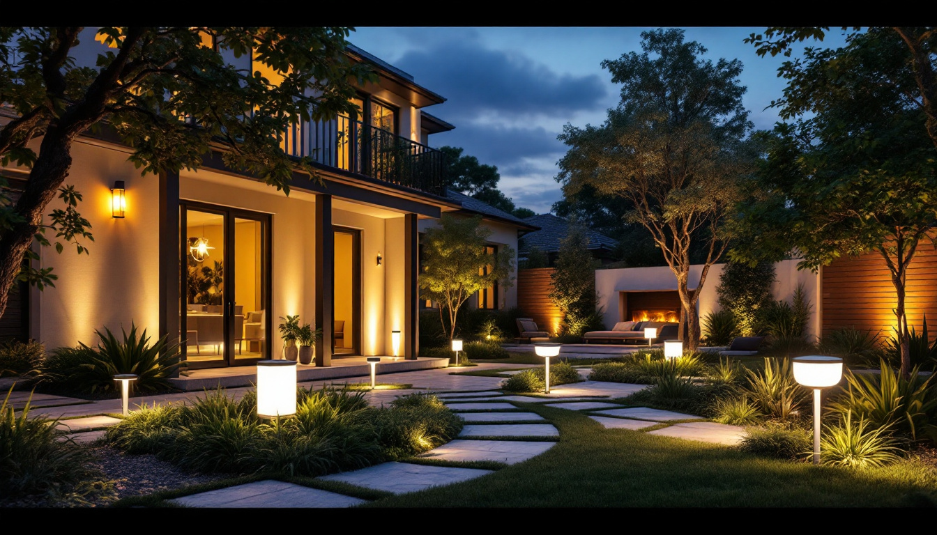 A photograph of a beautifully illuminated outdoor space featuring various led lighting fixtures