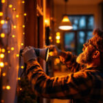 A photograph of a skilled lighting contractor installing or showcasing a vibrant amber led light in a residential or commercial setting