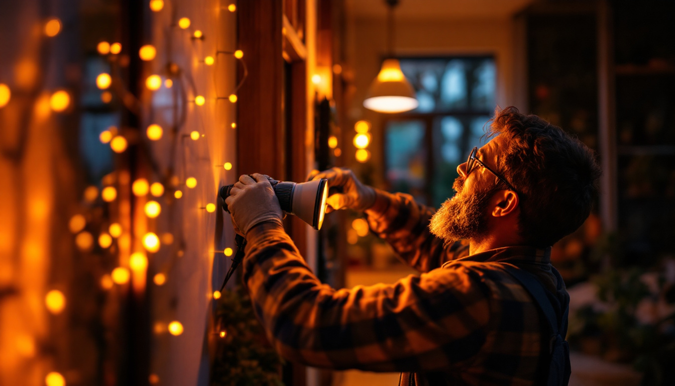 A photograph of a skilled lighting contractor installing or showcasing a vibrant amber led light in a residential or commercial setting