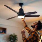 A photograph of a skilled lighting contractor expertly installing a stylish ceiling fan in a modern home setting