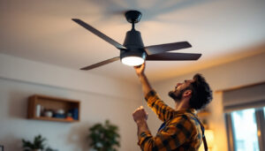 A photograph of a skilled lighting contractor expertly installing a stylish ceiling fan in a modern home setting