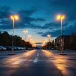 A photograph of a well-lit parking lot at dusk