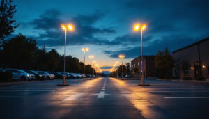 A photograph of a well-lit parking lot at dusk