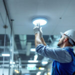 A photograph of a lighting contractor installing or inspecting energy-efficient exit lighting in a commercial setting