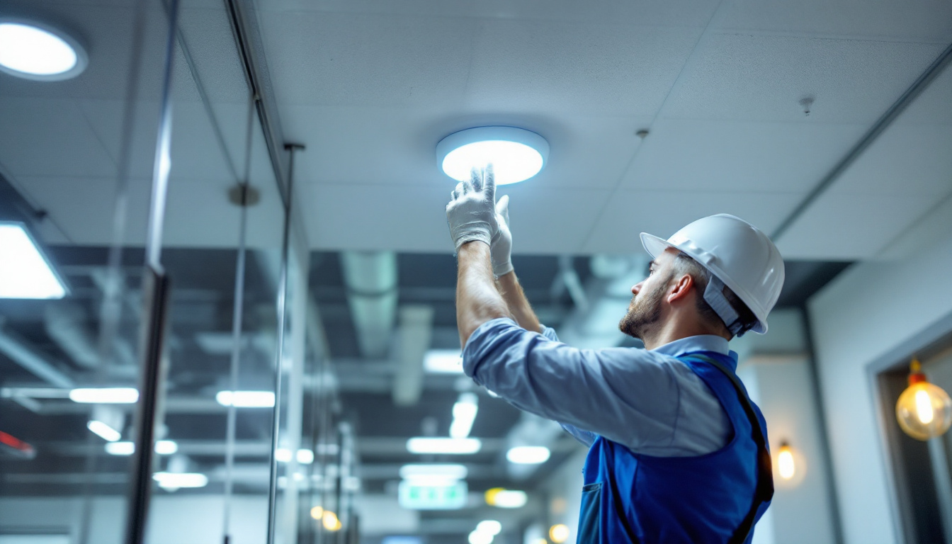 A photograph of a lighting contractor installing or inspecting energy-efficient exit lighting in a commercial setting