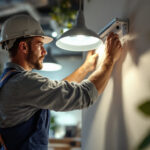 A photograph of a lighting contractor expertly installing a light fixture mount bracket in a well-lit