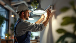 A photograph of a lighting contractor expertly installing a light fixture mount bracket in a well-lit