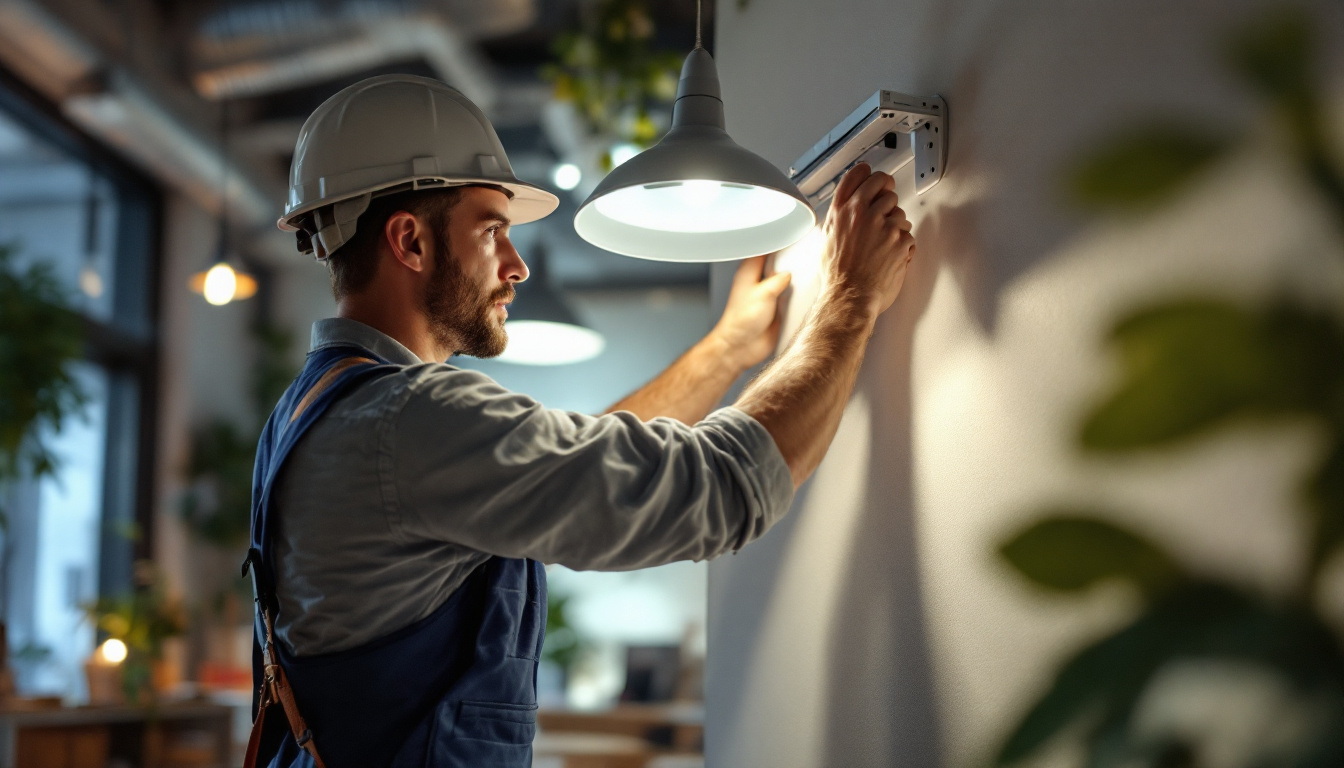 A photograph of a lighting contractor expertly installing a light fixture mount bracket in a well-lit