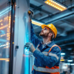 A photograph of a dynamic lighting contractor at work