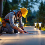 A photograph of a well-lit outdoor space featuring energy-efficient movement lights in action
